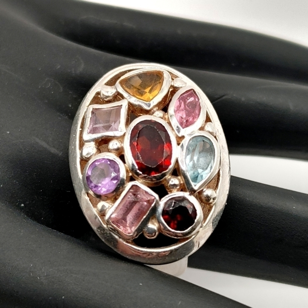 Multi Gemstone Aquamarine Amethyst Garnet Citrine Ruby Sterling Silver Ring 6.75